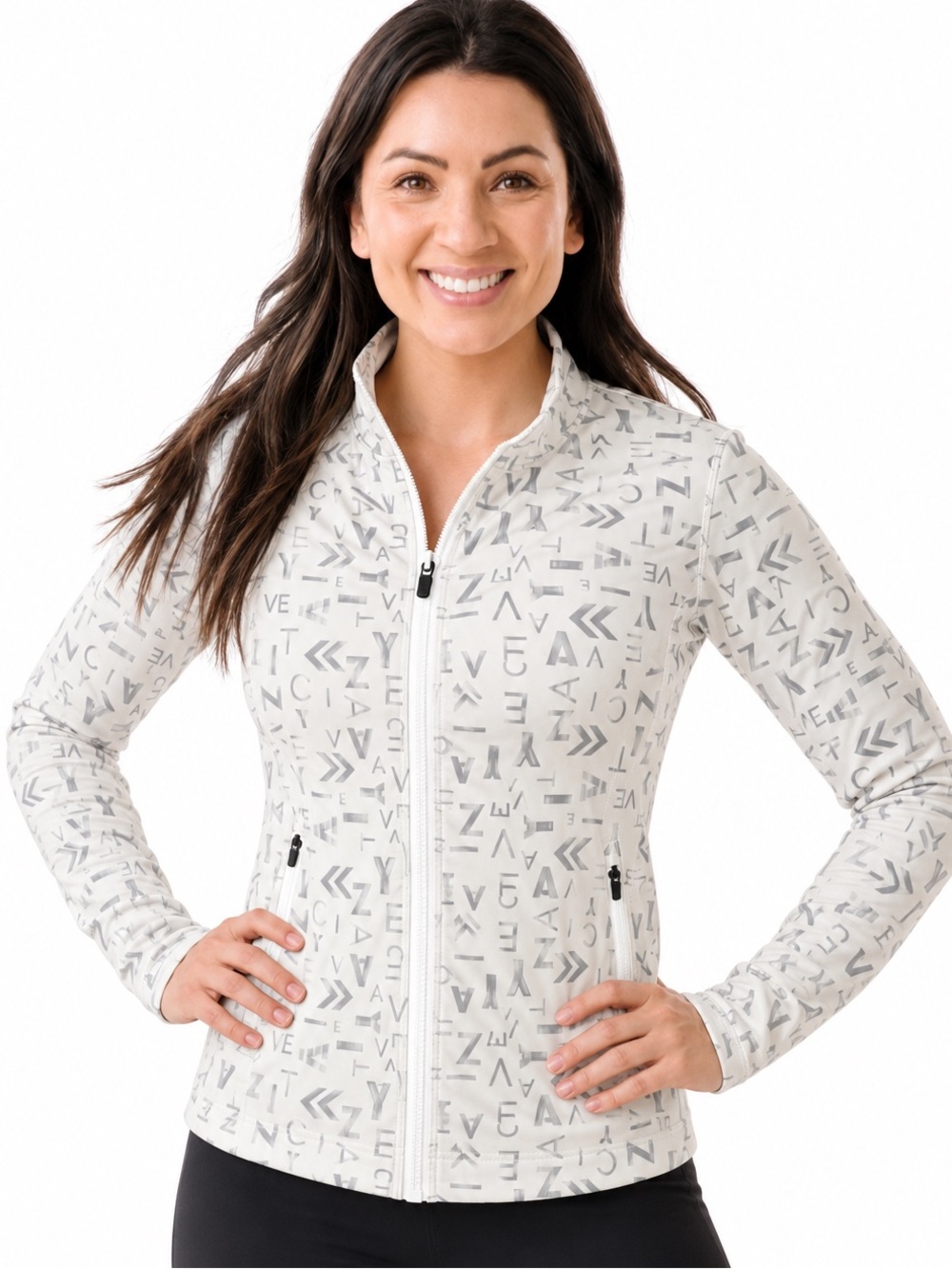 Zyia Ivory and Gray Zipper Jacket with Pockets and Sleeve Thumbholes Size Med